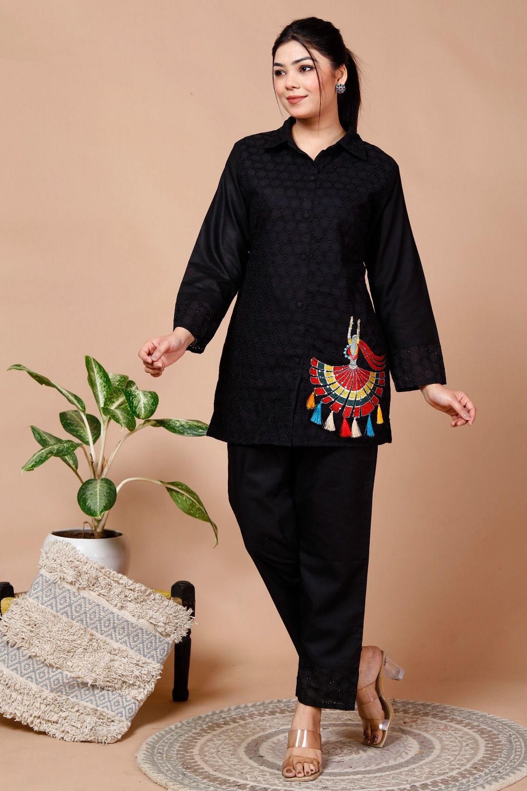 Black Sequence Embroidered Cotton Schiffli Co-Ord Set