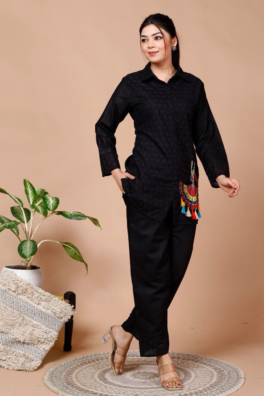 Black Sequence Embroidered Cotton Schiffli Co-Ord Set