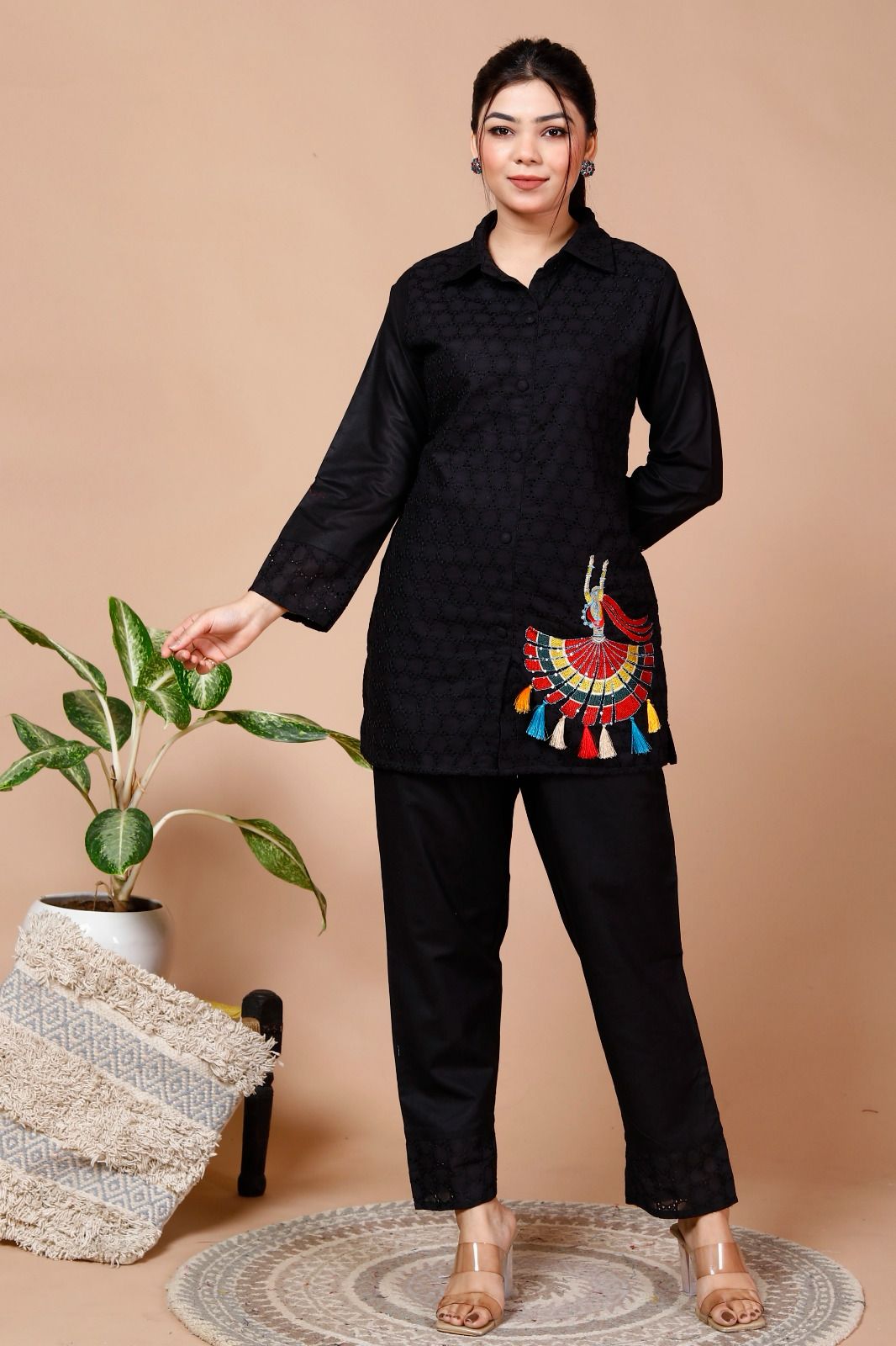 Black Sequence Embroidered Cotton Schiffli Co-Ord Set