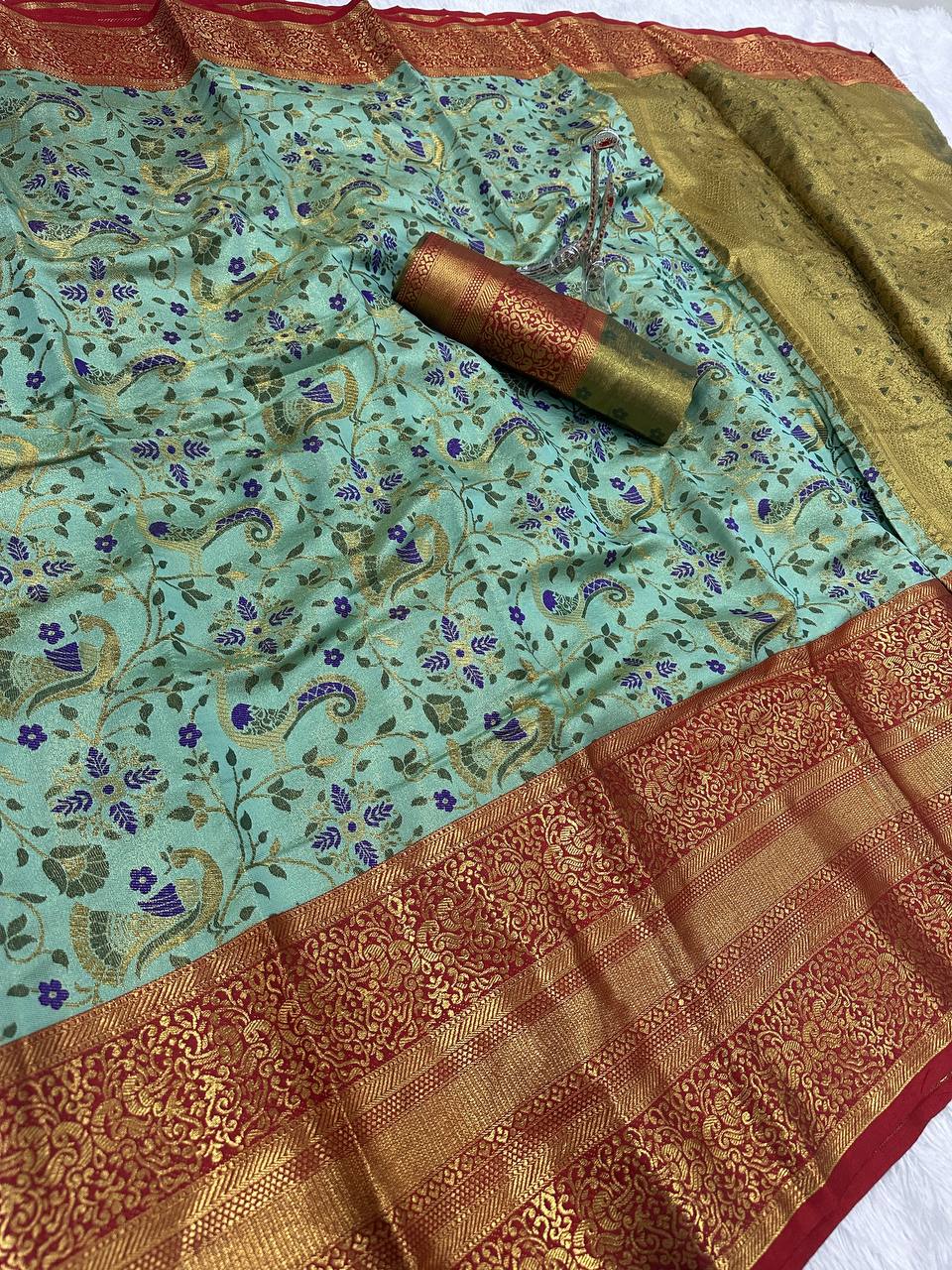 Pure Handloom Kanjivaram Silk Saree with Contrast Border & Rich Zari Pallu