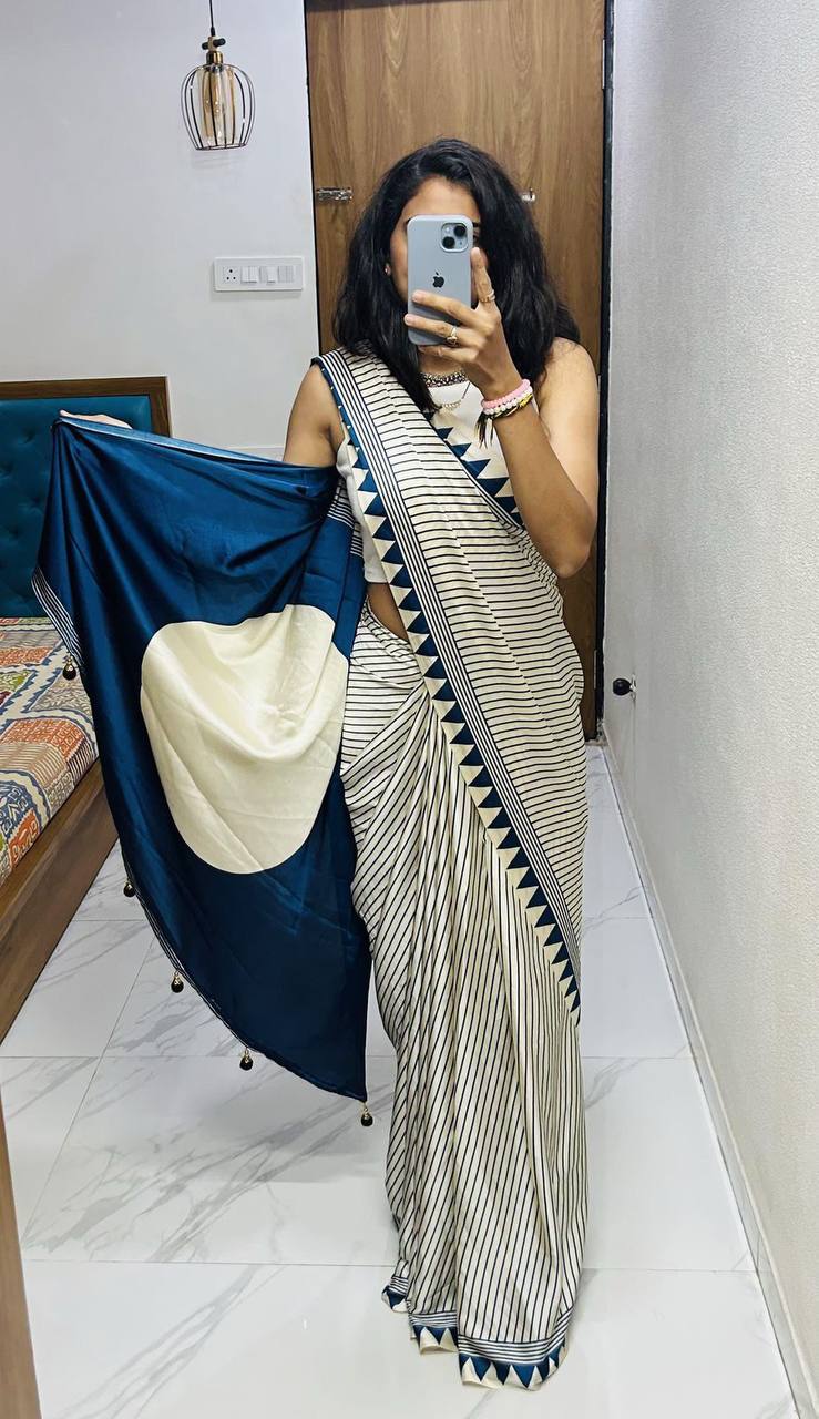 Classic Black & Ivory Striped Saree with Geometric Border