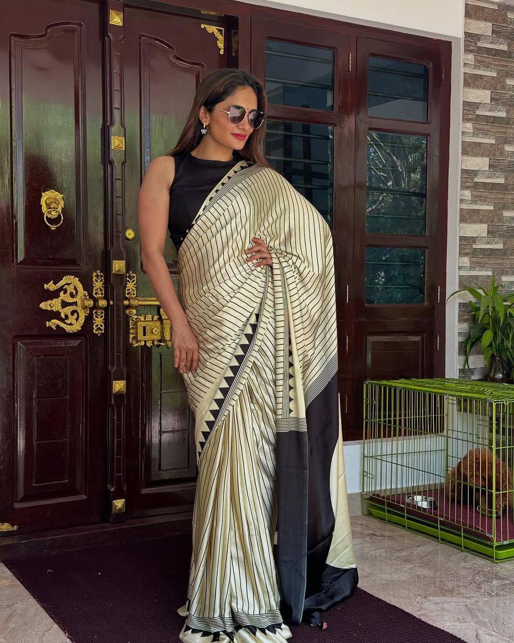 Ethnic Saree Designed with Ajrakh Pattern on Semi Gaji Silk