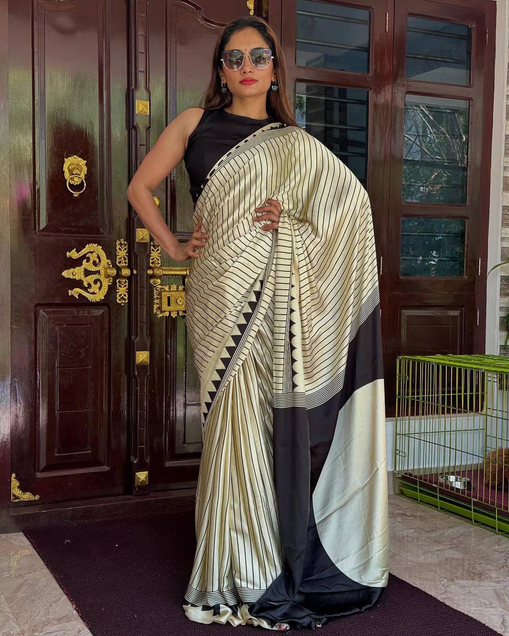 Ethnic Saree Designed with Ajrakh Pattern on Semi Gaji Silk