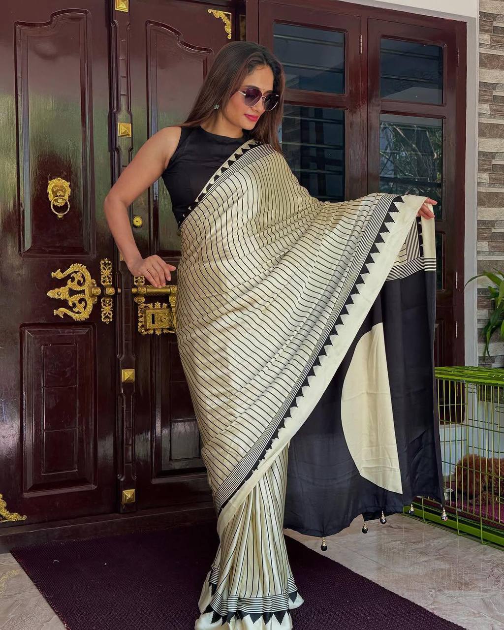 Ethnic Saree Designed with Ajrakh Pattern on Semi Gaji Silk