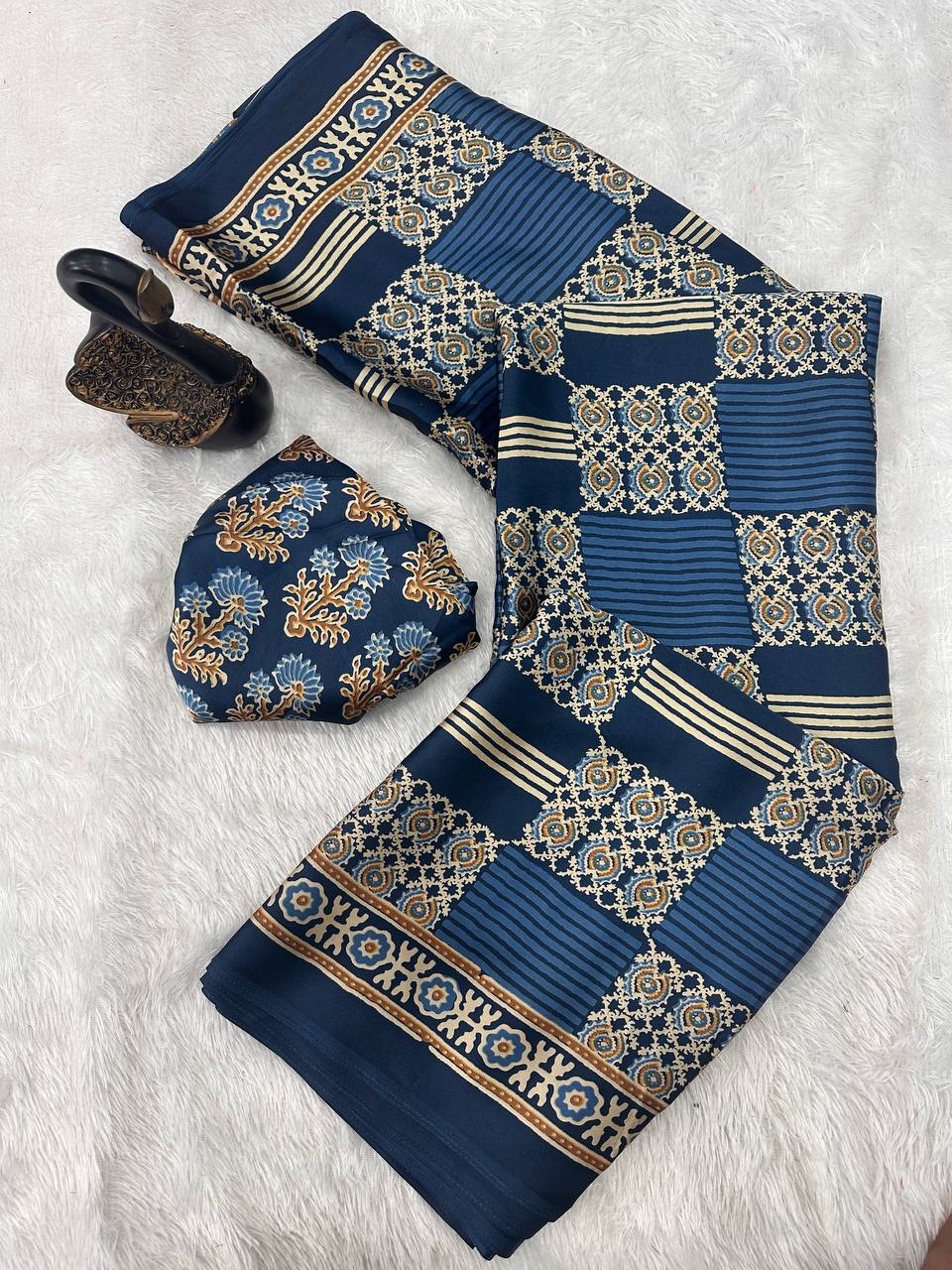 Authentic Saree Crafted in Semi Gaji Silk with Ajrakh Bandhej Art