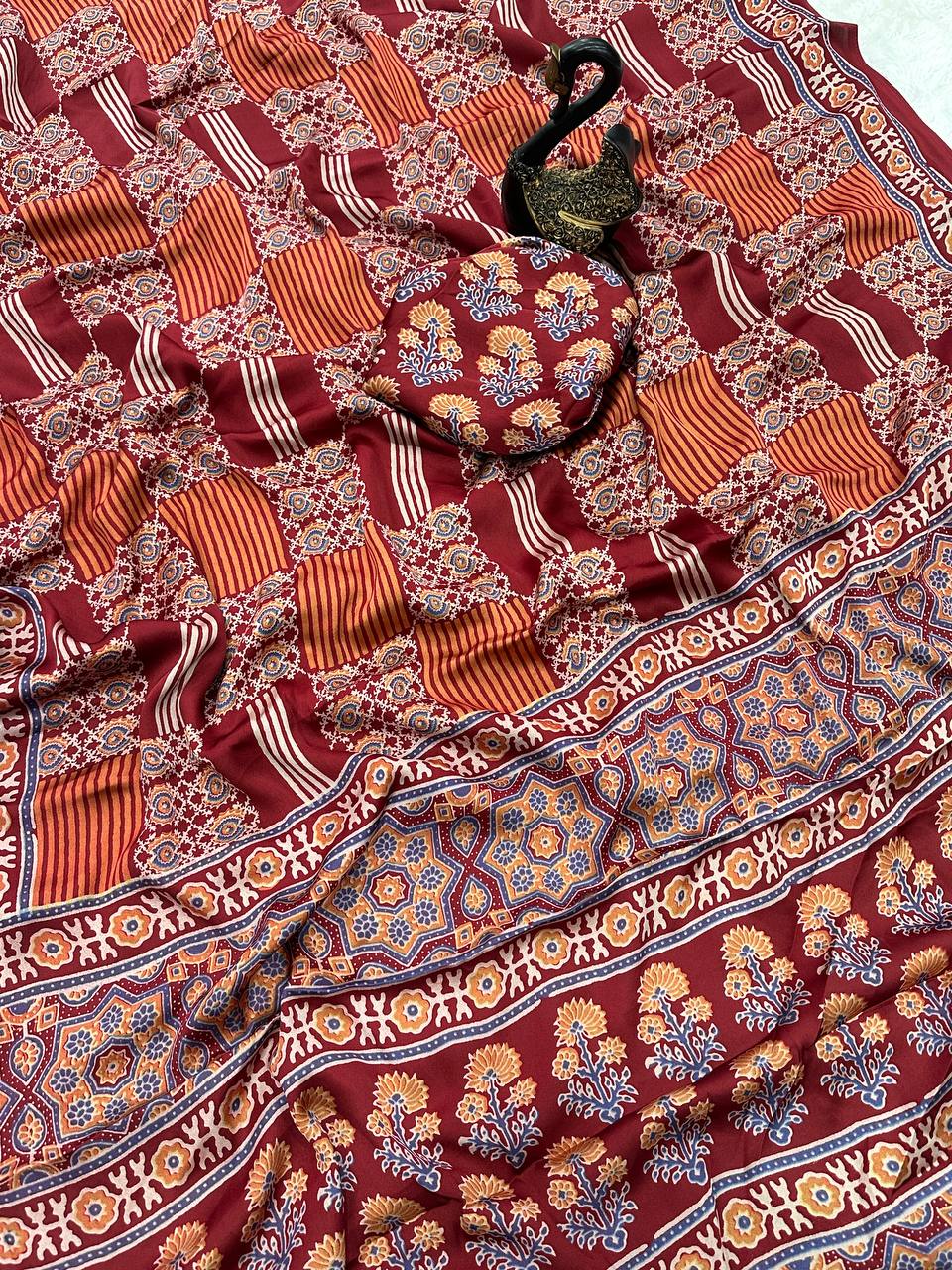 Authentic Saree Crafted in Semi Gaji Silk with Ajrakh Bandhej Art