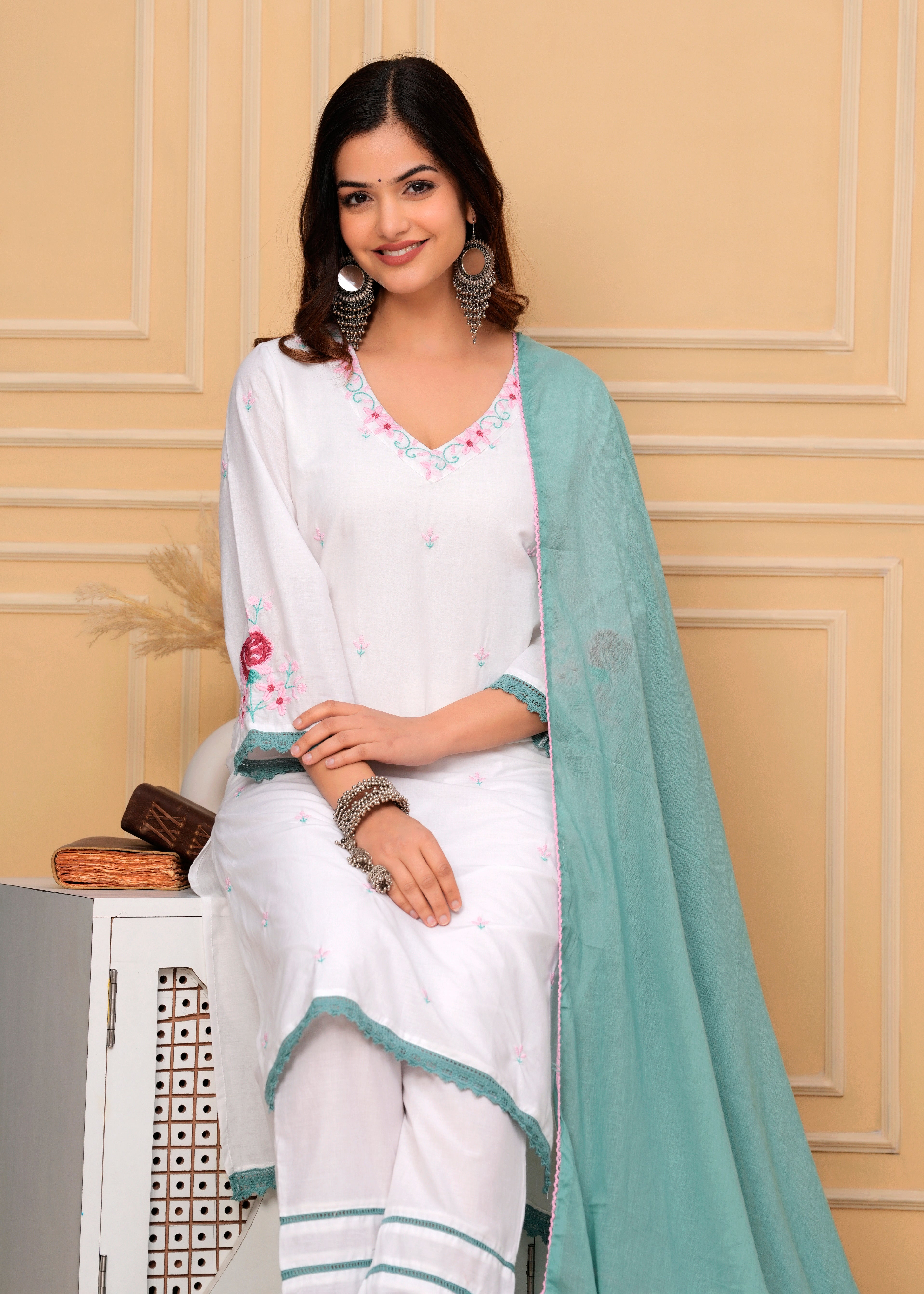 Embroidered White Cotton Kurta and Pant Set with Dupatta