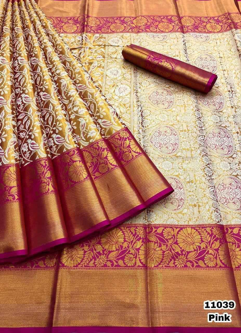 Pure Handloom Kanjivaram Silk Saree with Meena Weaving & Gold Zari Pallu