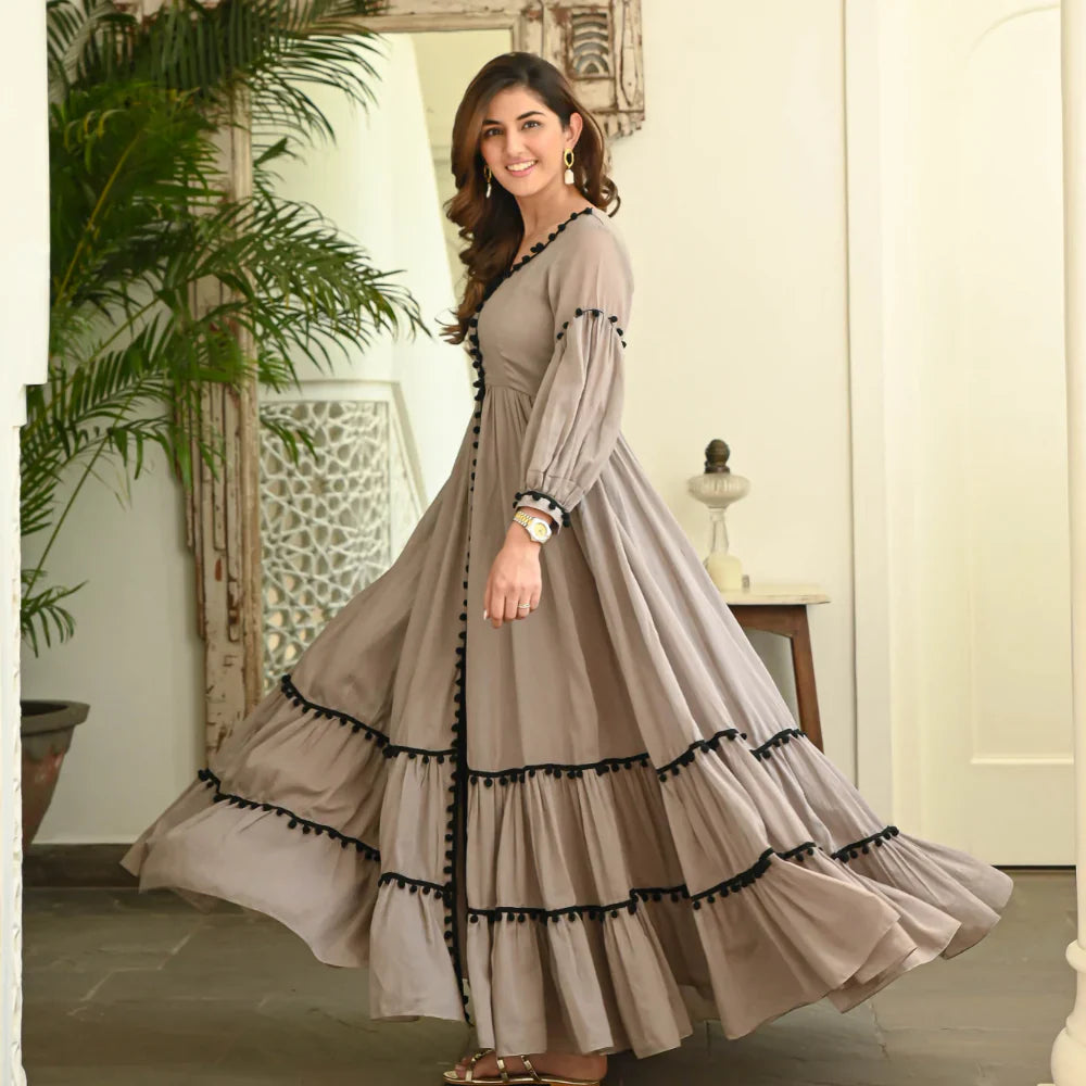 BROWN LONG FLARED BEAUTIFUL DRESS