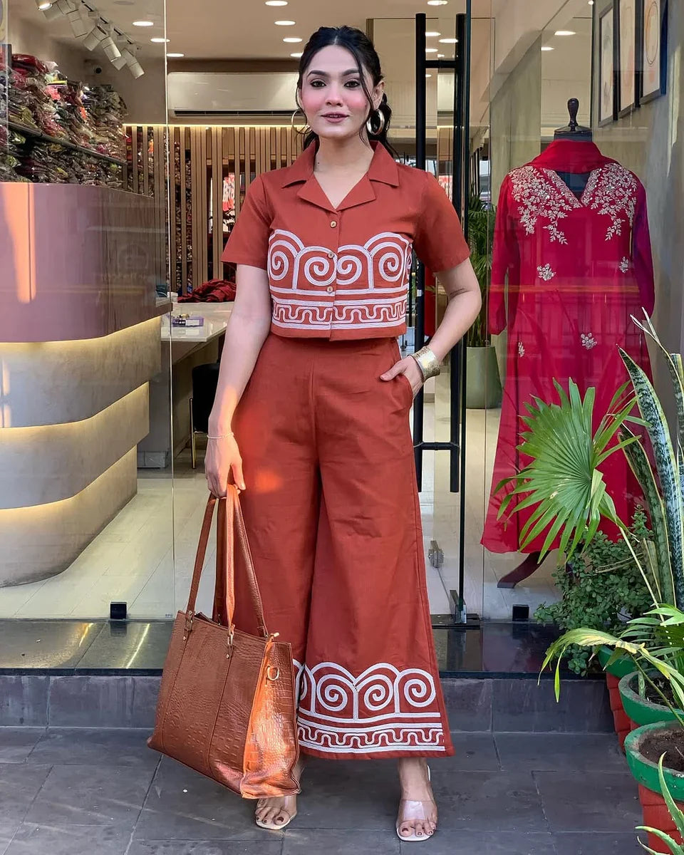 Pale Red Embroidered Cotton Co-Ord Set
