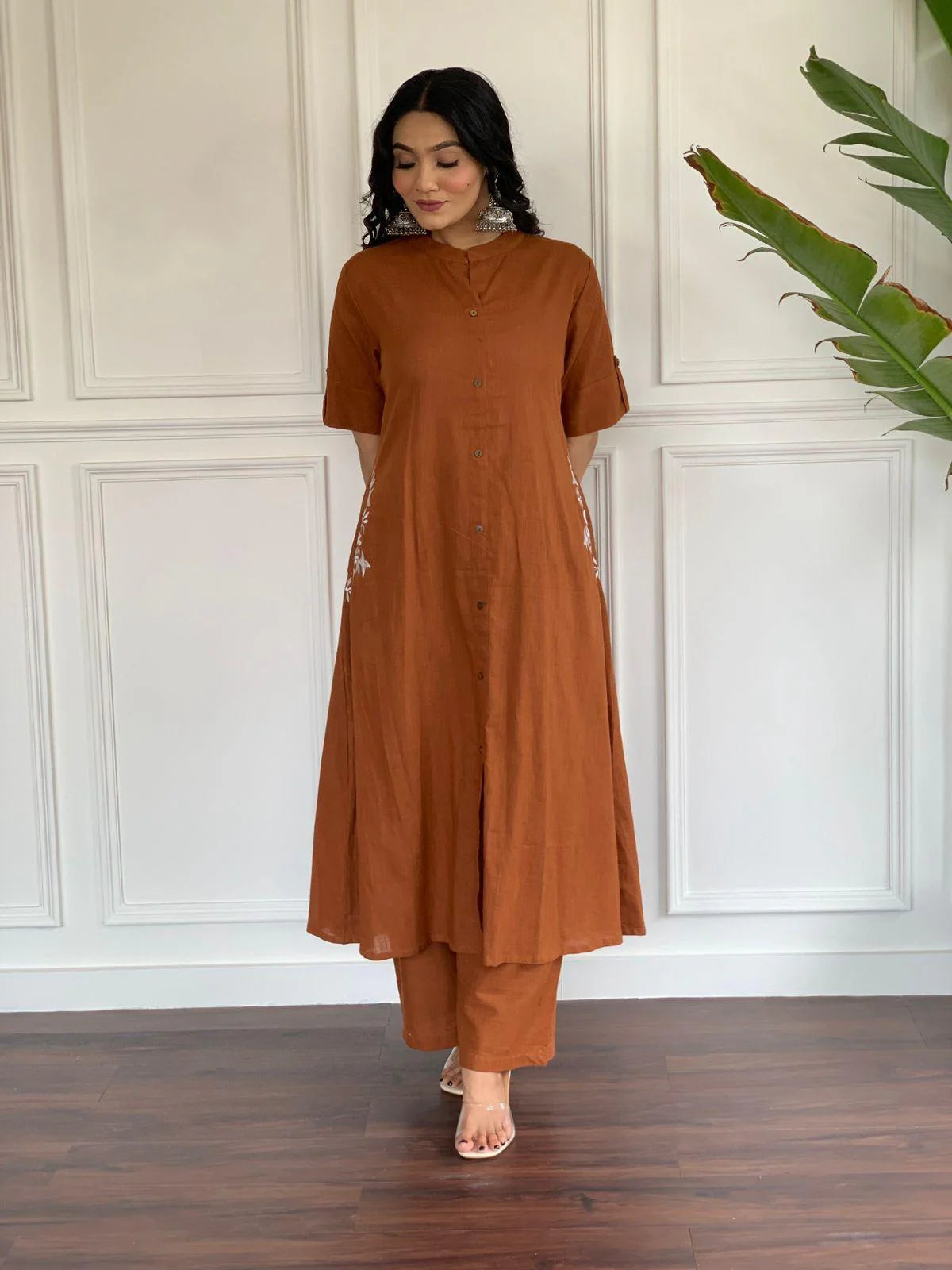 Rusty Brown Cotton Kurta Set With Pocket Side Embroidery