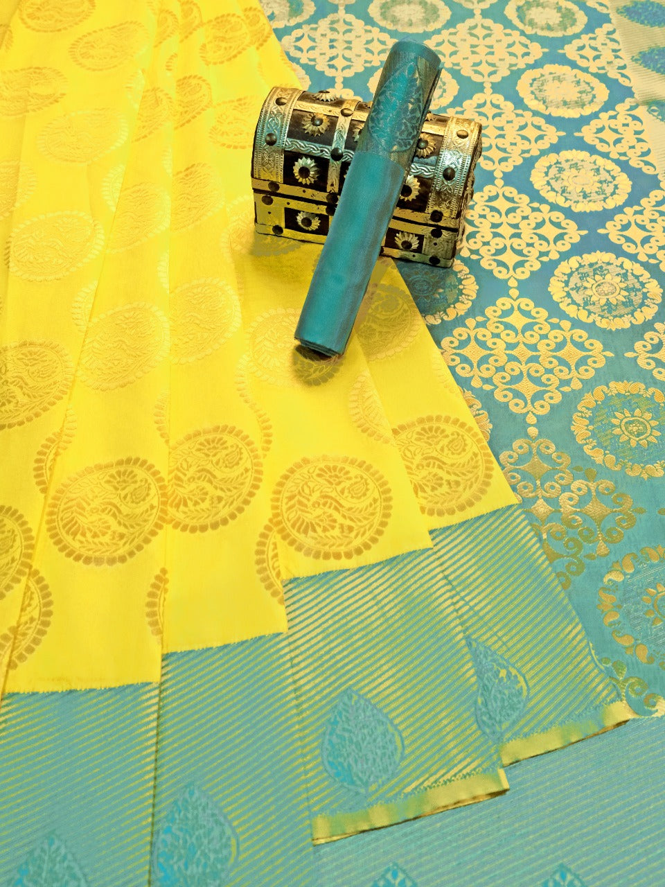 Yellow and Teal Silk Saree with Woven Motifs