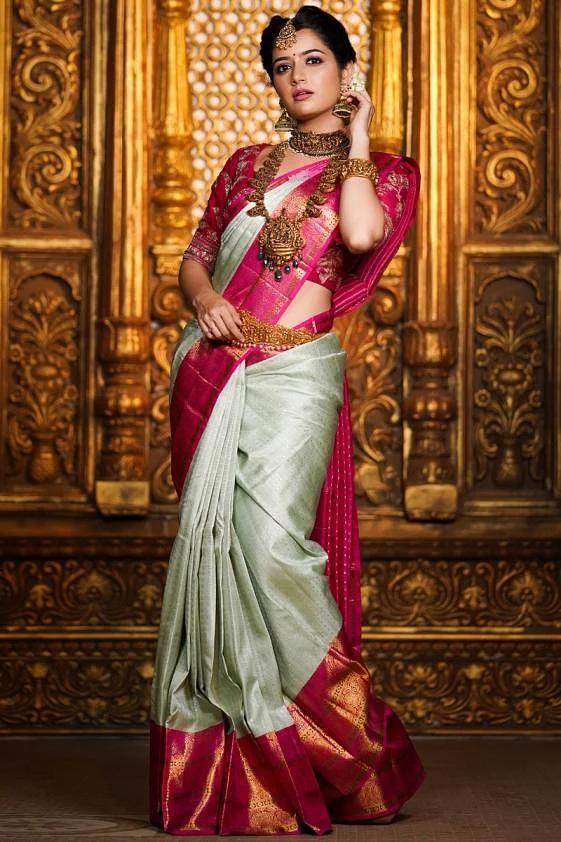 Royal Pink and Mint Green Silk Saree with Rich Zari Border
