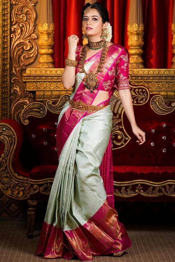 Royal Pink and Mint Green Silk Saree with Rich Zari Border