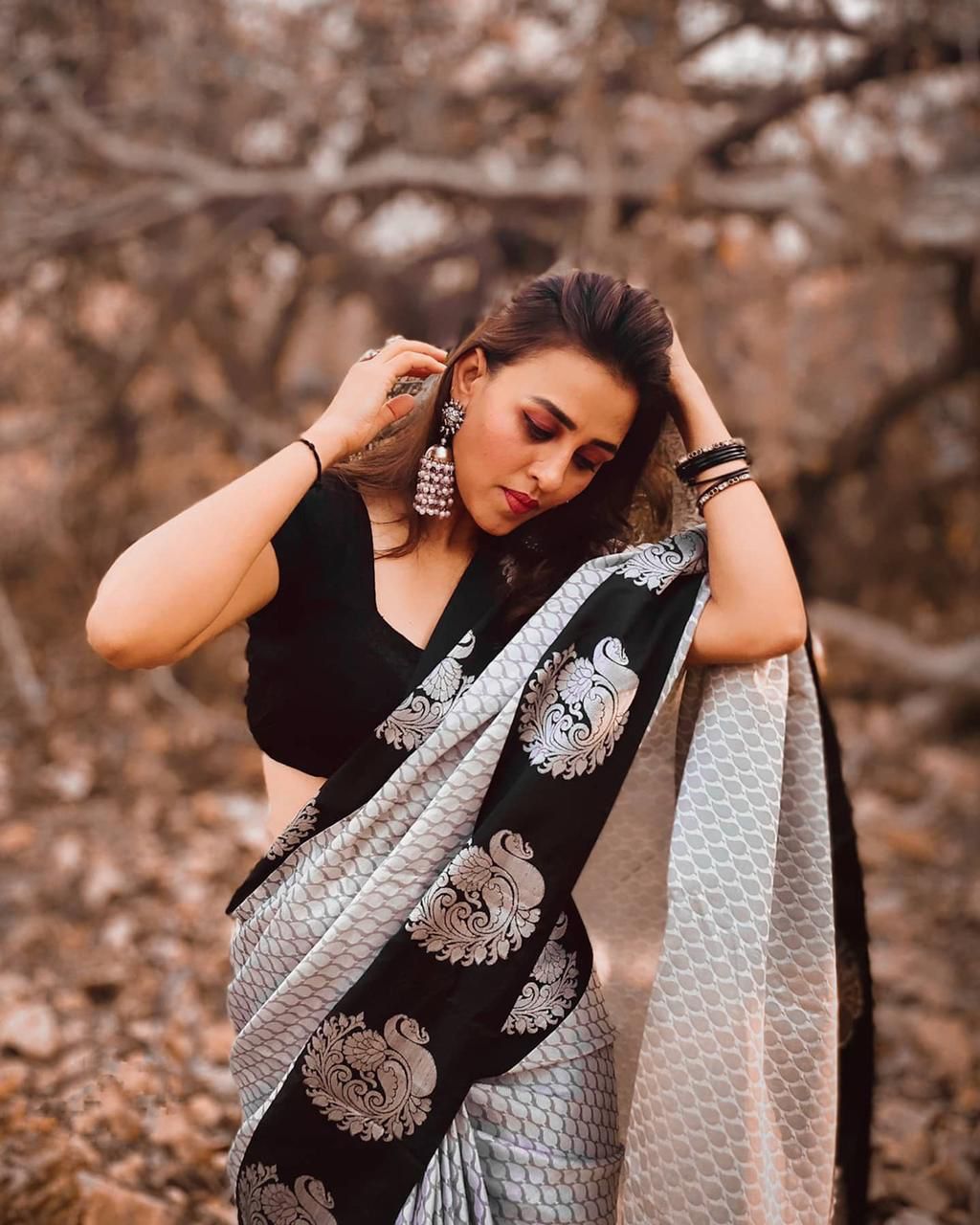 Black and Grey Printed Saree with Statement Motifs