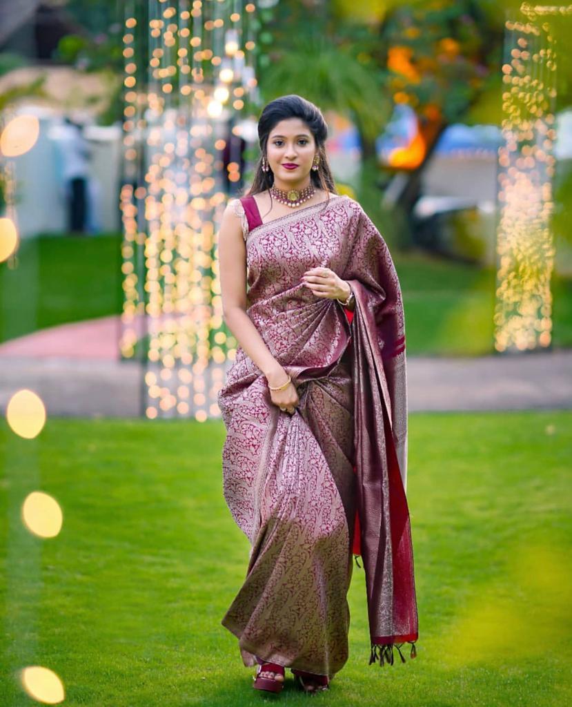 Elegant Maroon Silk Saree with All-Over Woven Motifs