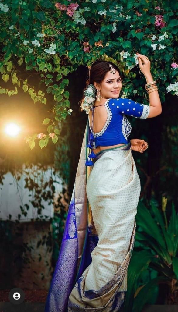 Ivory Silk Saree with Royal Blue Zari Border