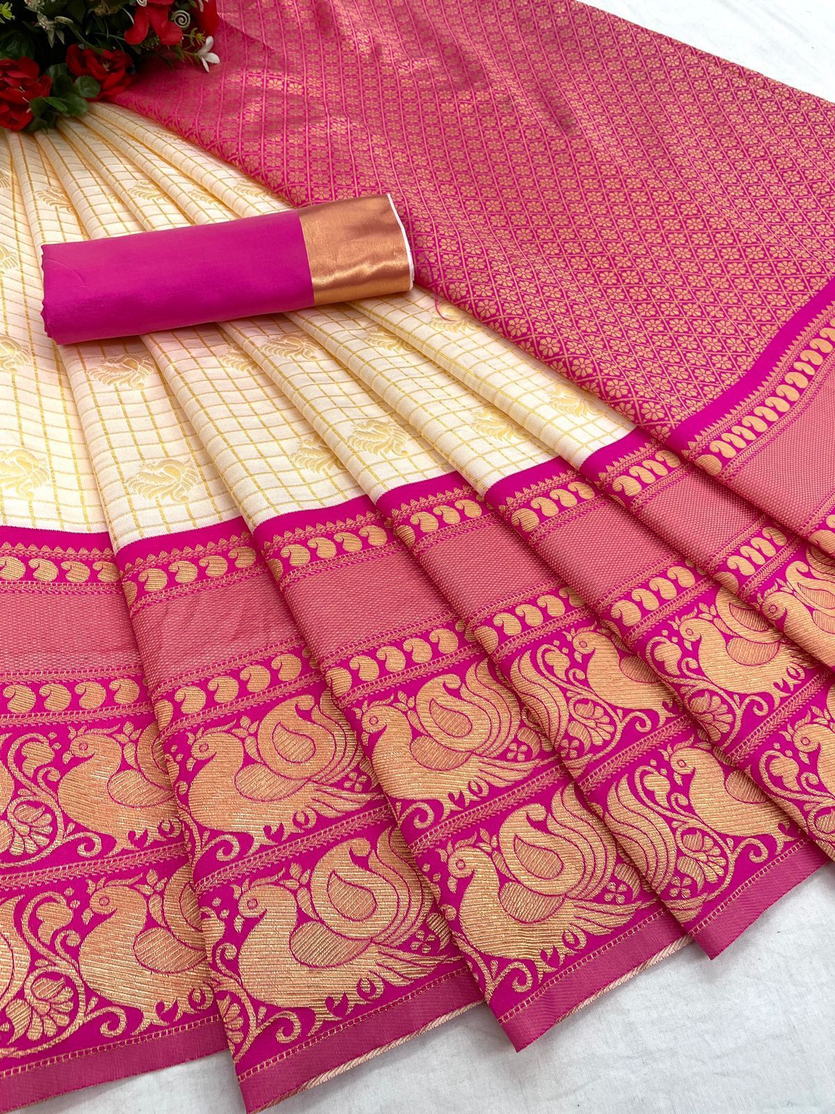 Cream Silk Saree with Orange-Pink Zari Border