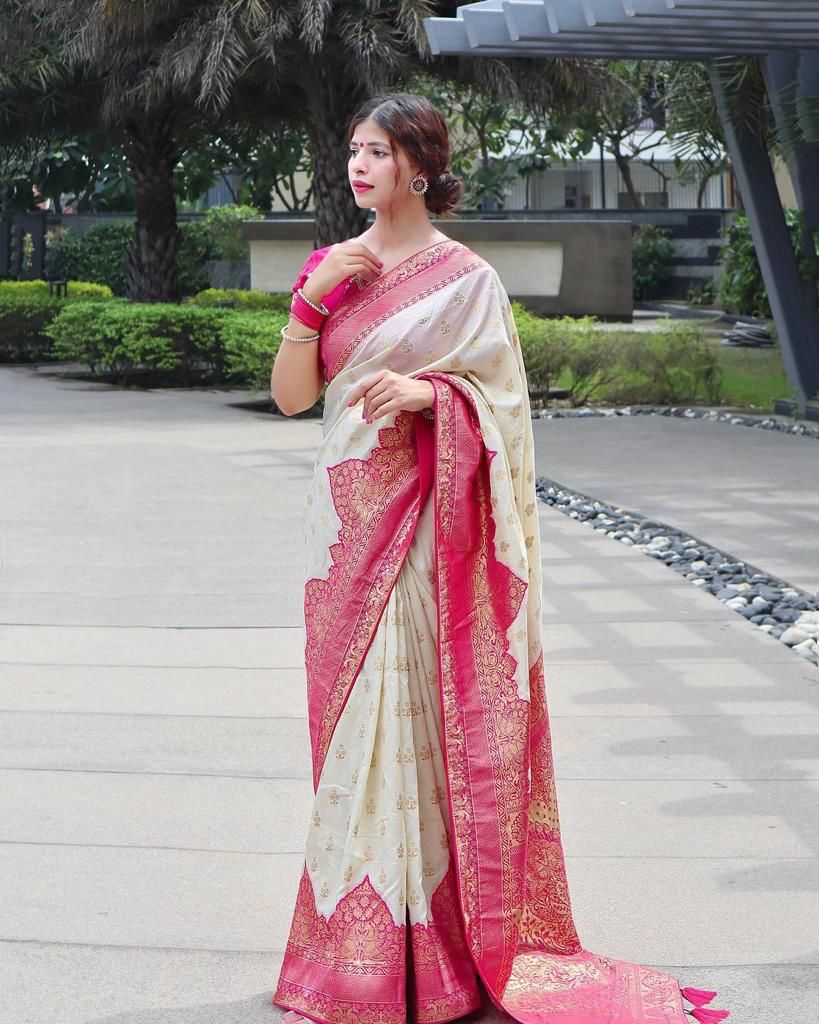 Elegant Cream Silk Saree with Rich Pink Zari Border