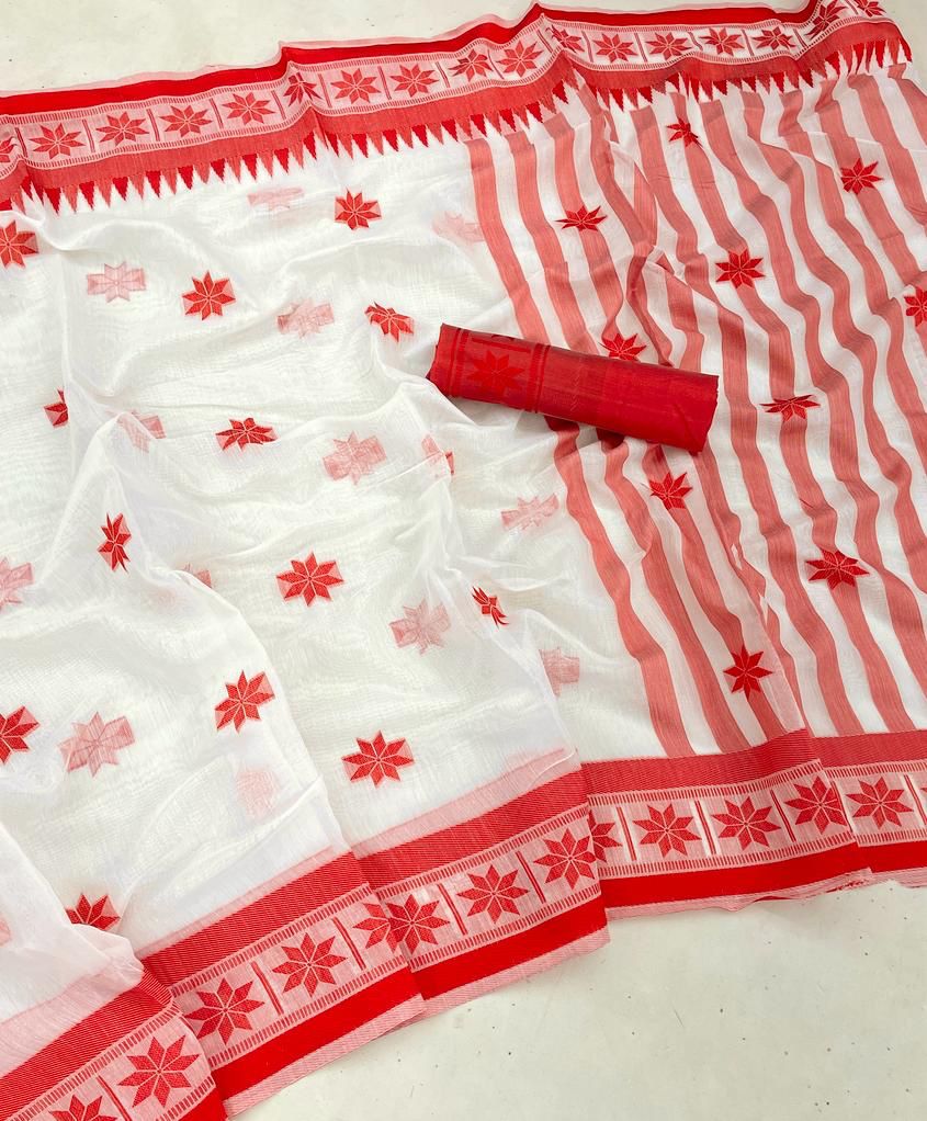 White Red Cotton Saree with Traditional Border