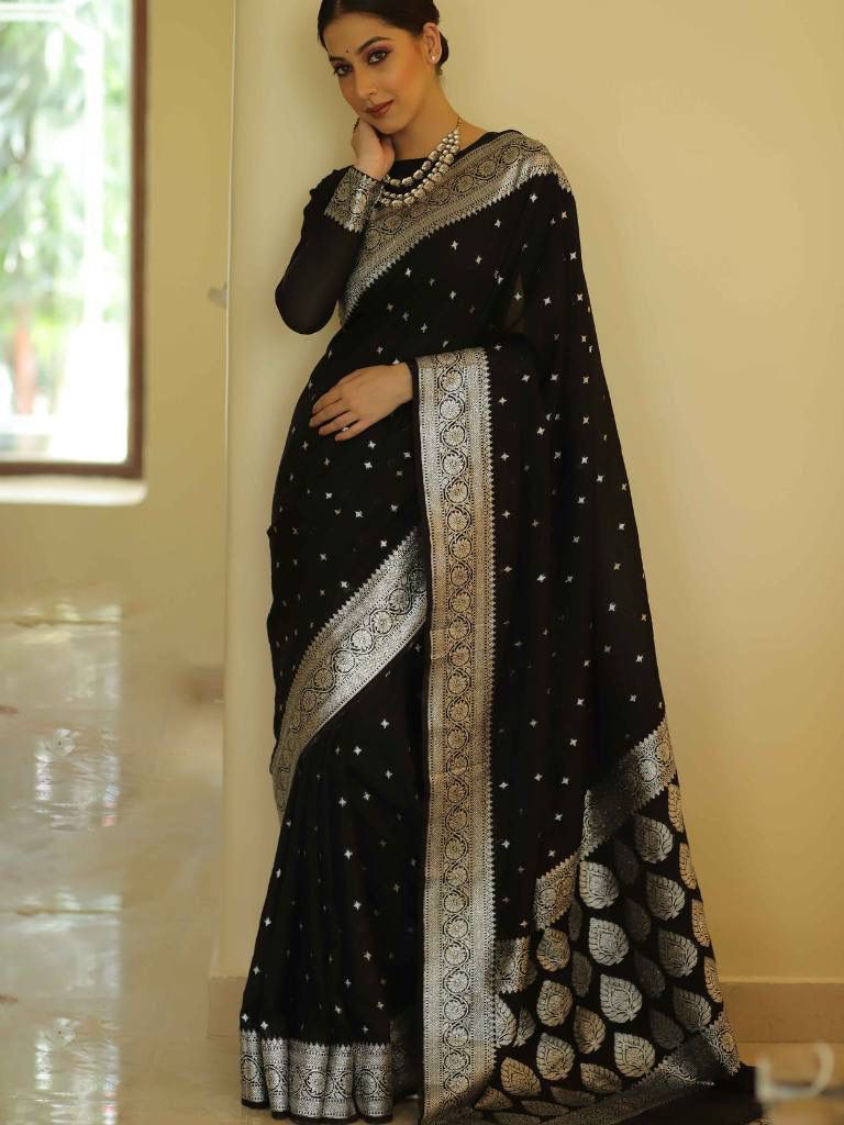 Classic Black Saree with Silver Woven Border