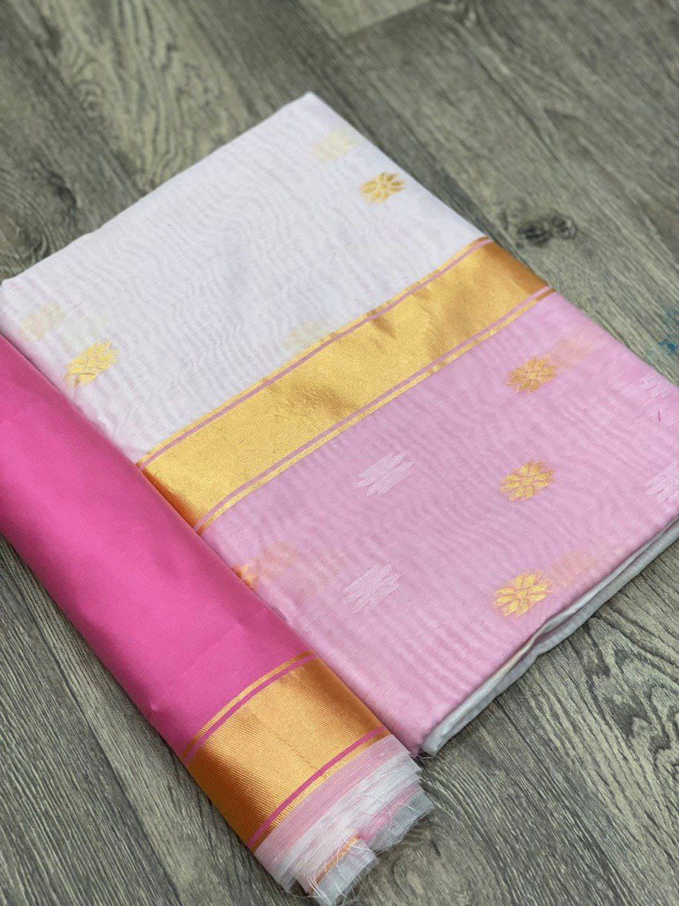 Elegant Off-White Cotton Saree with Pink Contrast Pallu