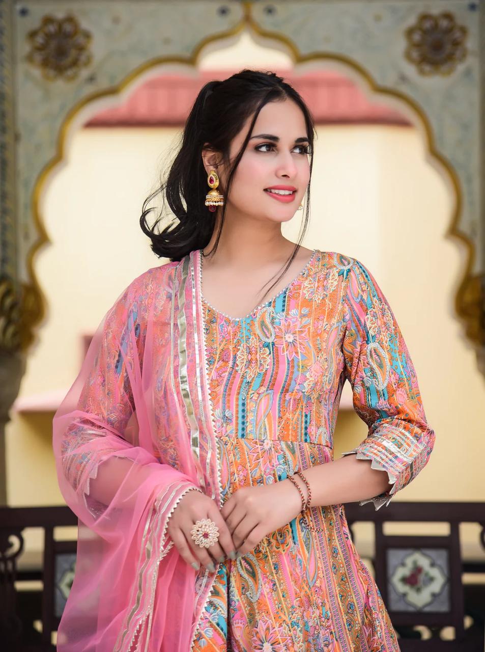 Peachy Pink Gota Work Suit Set with Dupatta