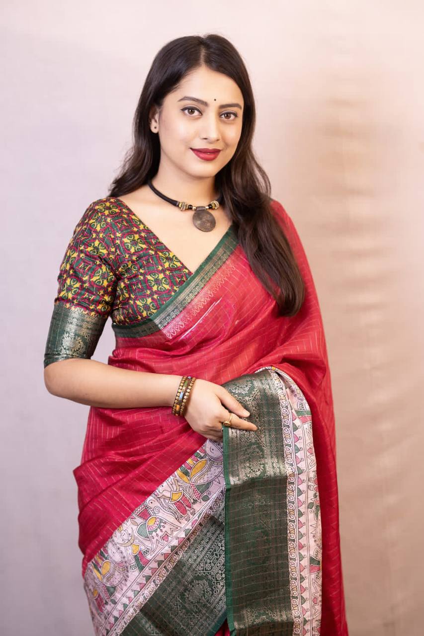 Lightweight Mangalagiri Dola Saree with Print Checks & Kalamkari Pallu