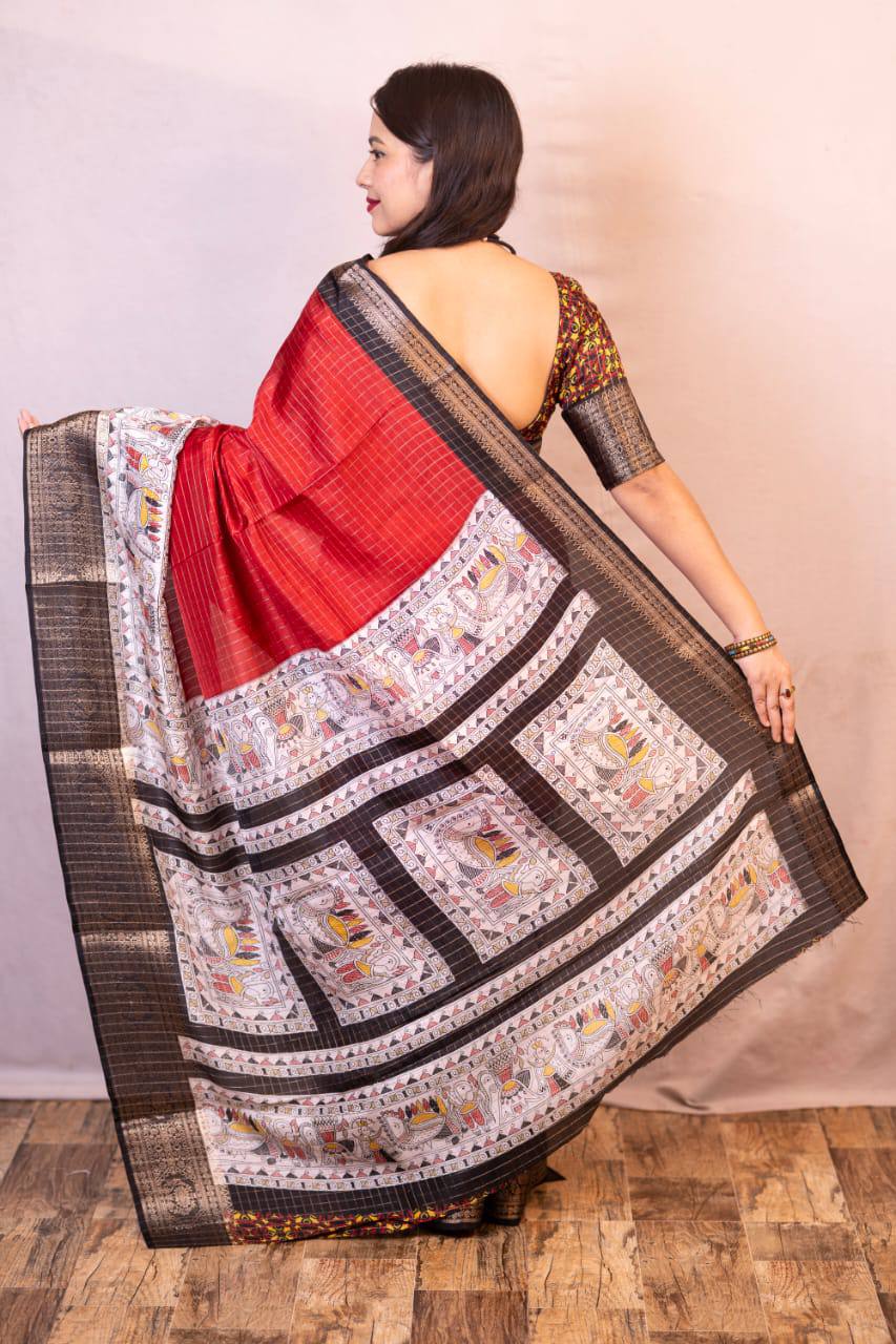 Lightweight Mangalagiri Dola Saree with Print Checks & Kalamkari Pallu