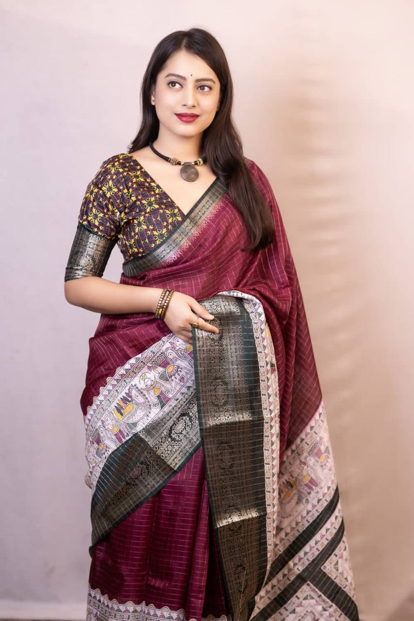 Lightweight Mangalagiri Dola Saree with Print Checks & Kalamkari Pallu