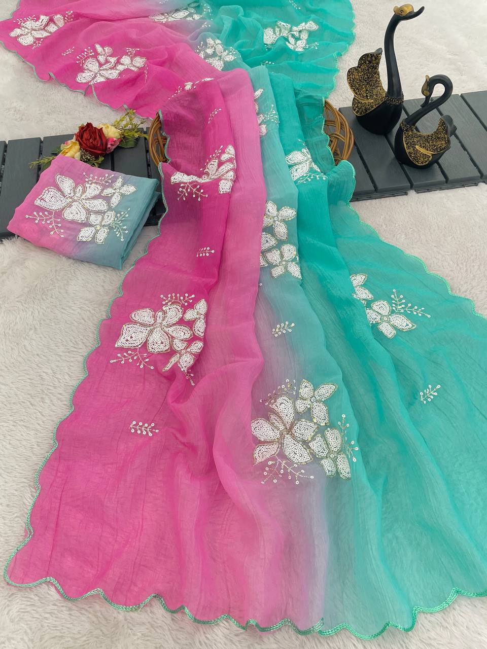 Soft Shaded Crunchy Fabric Designer Saree with Dual Sequins Work