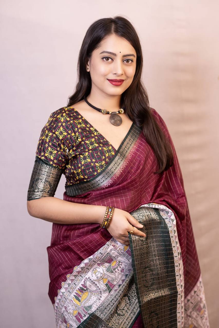 Lightweight Mangalagiri Dola Saree with Print Checks & Kalamkari Pallu