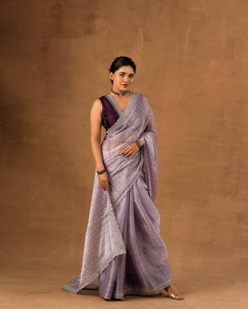 Soft Burberry Fabric Designer Saree with Sequins & Zari Work