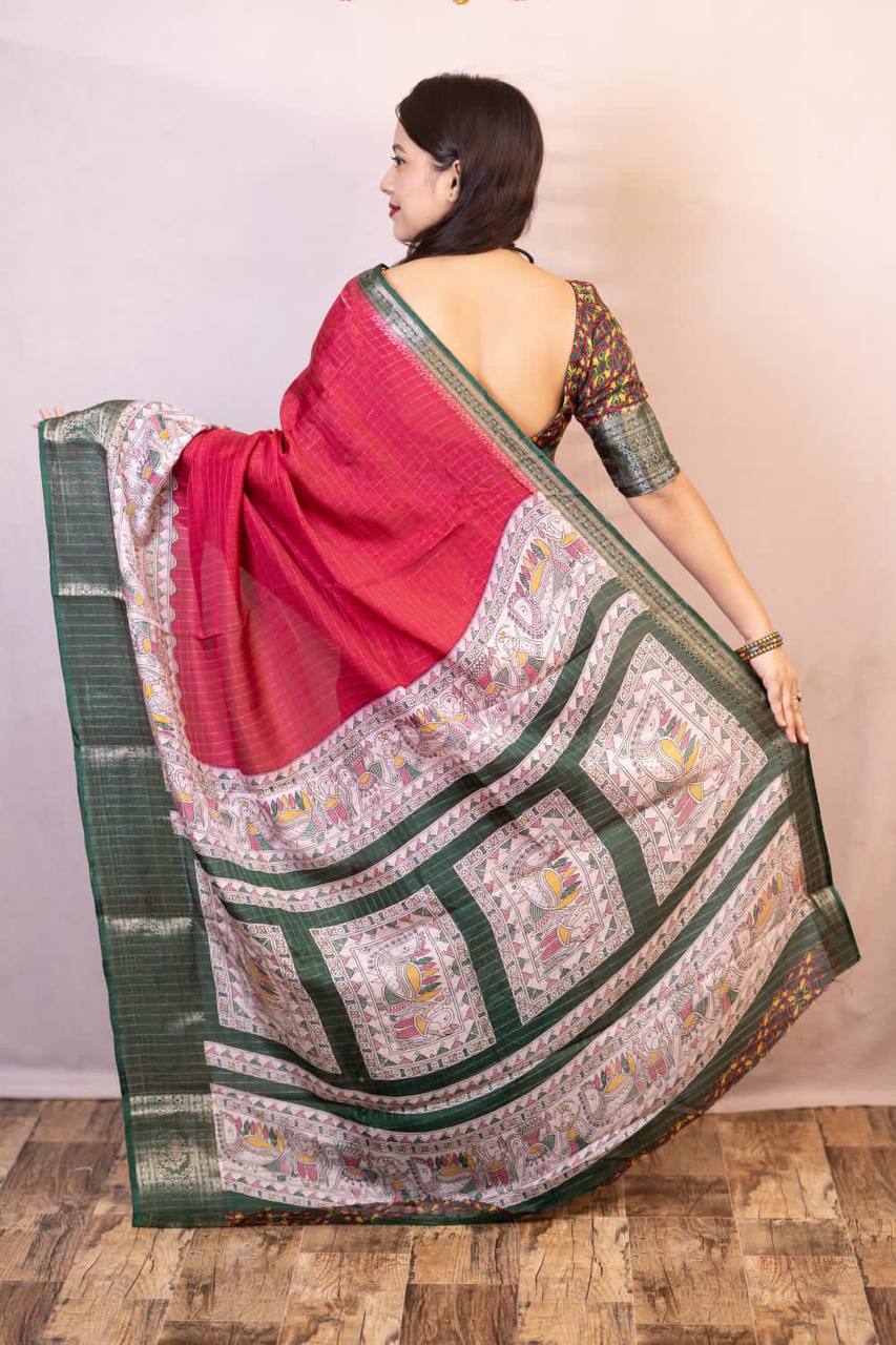 Lightweight Mangalagiri Dola Saree with Print Checks & Kalamkari Pallu