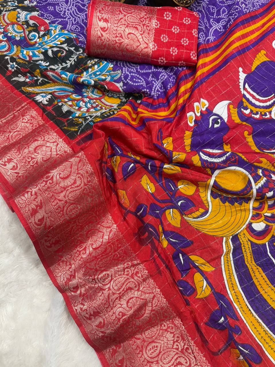 Lightweight Mangalagiri Dola Saree with Print Checks & Kalamkari Pallu